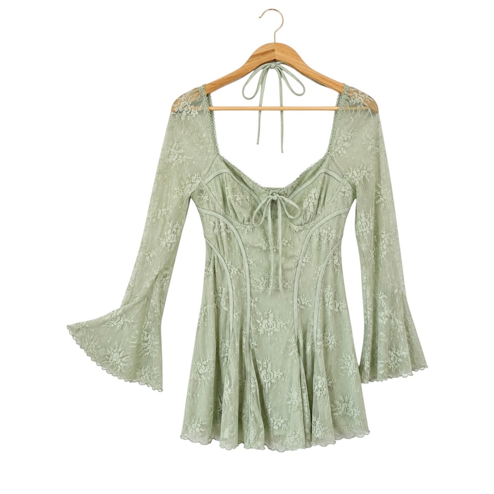Y2K Fairycore Sage Green Lace Corset Mini Dress Bell Sleeve Large Ren  Faie